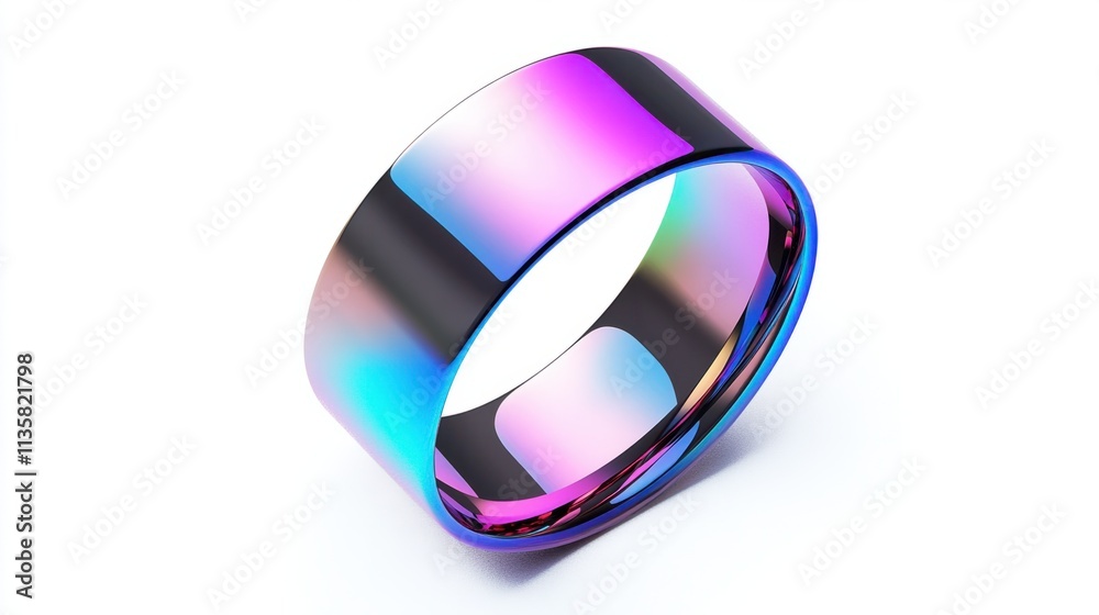 A sleek hologram ring with a polished metallic texture and gradient colors, isolated on a clean white background A sleek hologram ring with a polished metallic texture and gradient colors, isolated on a clean white background