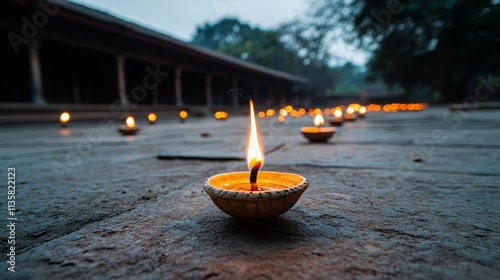 Flickering Diyas on Ancient Stone Pathway Illuminating Tranquil Evening During Festival Celebrations in Historical Indian Temples Surrounded by Lush Greenery photo