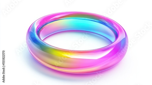 A smooth holographic ring with soft pastel gradients and shimmering edges, isolated on a bright white background