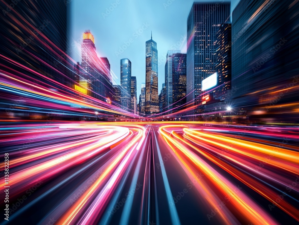 Fototapeta premium Dynamic Cityscape at Night with Motion Blur and Vibrant Light Trails Presenting a Modern Urban Environment with Beautiful Skyline and Busy Streets
