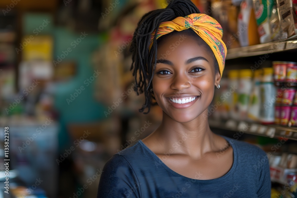 A smiling store worker stands in a vibrant local shop, surrounded by shelves filled with various products. A smiling store worker stands in a vibrant local shop, surrounded by shelves filled with various products.