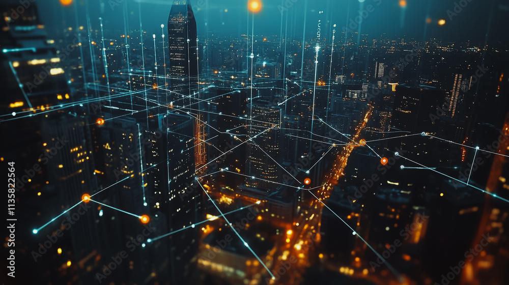Fototapeta premium Smart digital Innovation city with connection network reciprocity over the cityscape. of future smart wireless digital city and social media networking systems that connects people with in city