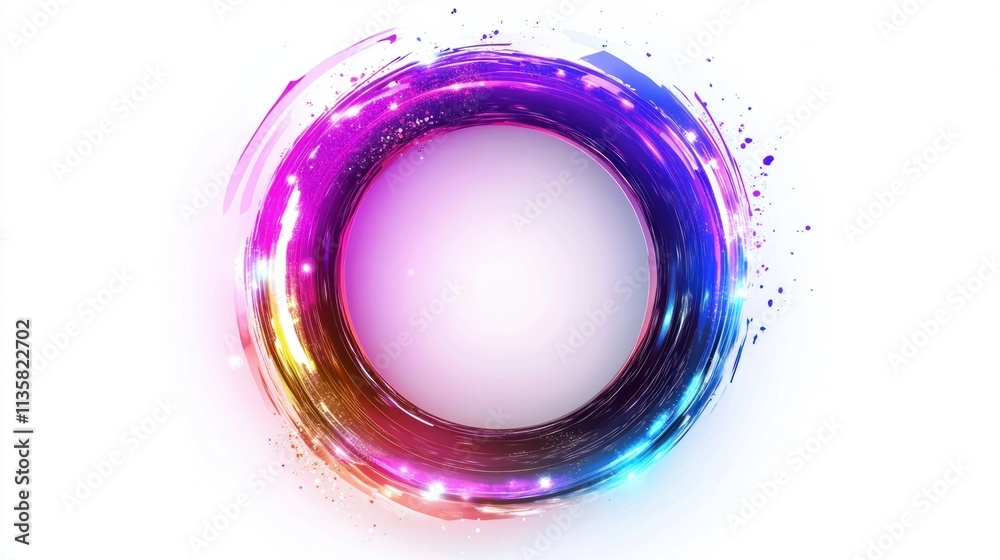 A vibrant holographic frame with metallic hues and a glowing outline, designed in an annular shape, on white A vibrant holographic frame with metallic hues and a glowing outline, designed in an annular shape, on white