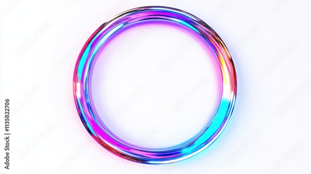 A vibrant holographic frame with metallic hues and a glowing outline, designed in an annular shape, on white A vibrant holographic frame with metallic hues and a glowing outline, designed in an annular shape, on white