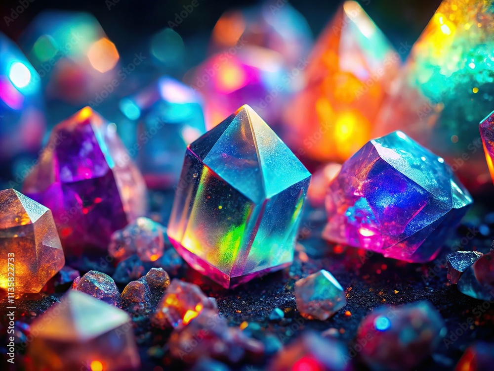 A macro shot of iridescent UV-reactive crystals, glowing with friendly luminescence, showcasing vibrant, saturated color palettes, in a soft, ethereal light, for a magical, otherworldly aesthetic. A macro shot of iridescent UV-reactive crystals, glowing with friendly luminescence, showcasing vibrant, saturated color palettes, in a soft, ethereal light, for a magical, otherworldly aesthetic.