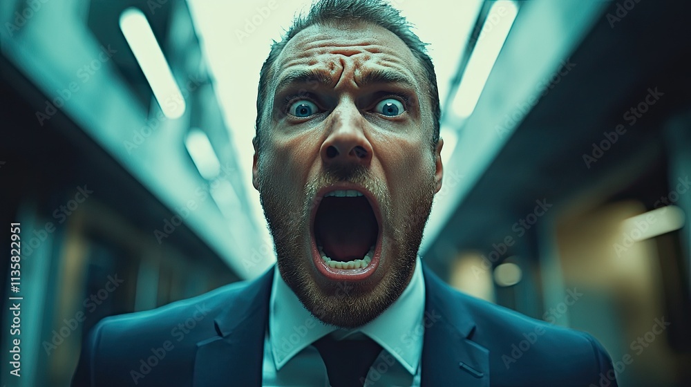 businessman in depression, anxiety and high stress situation. Worries and concerned about company future in crisis situation. Corporate man with mental struggle and psychological issues.