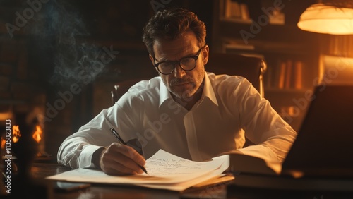 Man writing notes in a cozy library during the evening