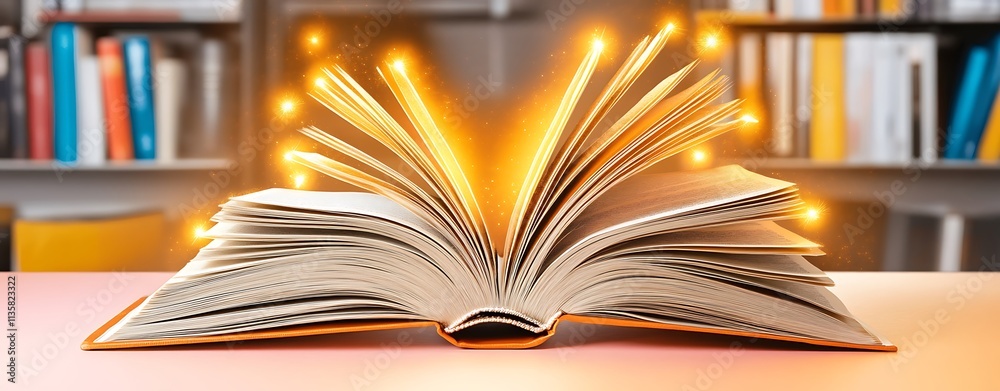 Fototapeta premium Business self-development, Open Book with Glow on Pastel Gradient Table