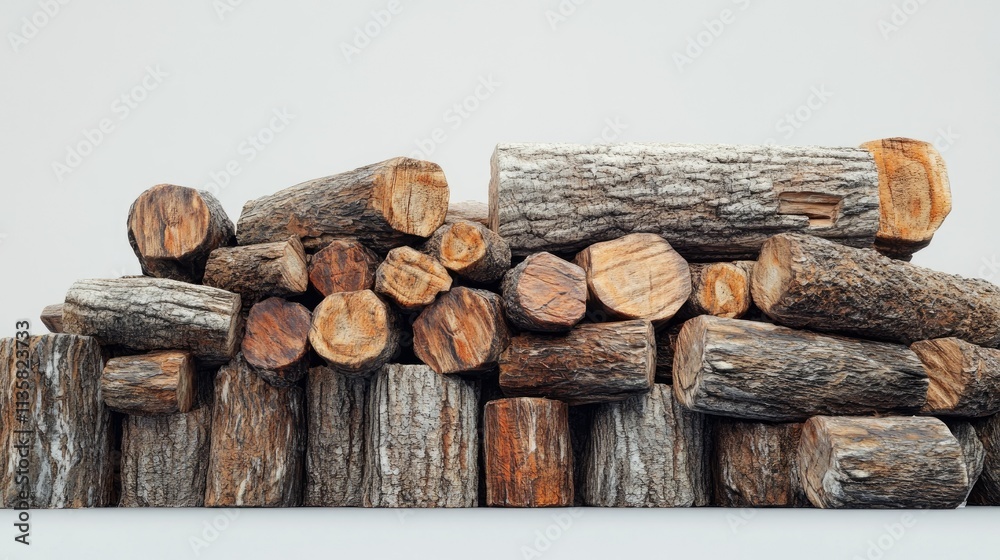 Pile of Rustic Firewood Logs Stacked Neatly on a Wooden Surface, Showing Various Textures and Natural Colors Against a Simple Background Pile of Rustic Firewood Logs Stacked Neatly on a Wooden Surface, Showing Various Textures and Natural Colors Against a Simple Background