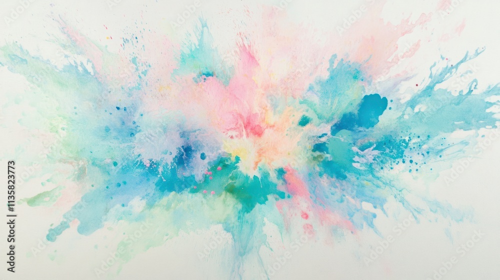 Fototapeta premium A burst of pastel tones in pink, blue, and mint green, spreading outward softly, creating a serene visual, on white