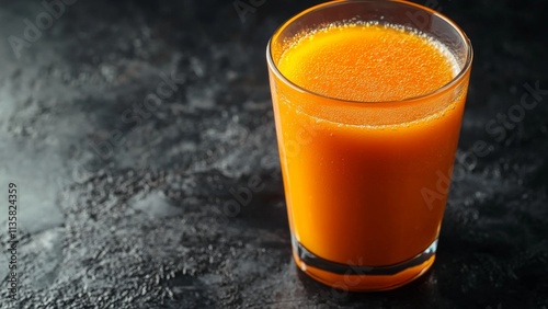 Refreshing orange juice served in a glass on a dark surface photo