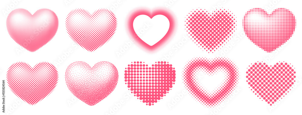 Set of different shaped hearts with halftone effect. Monochrome, pop art style dotted hearts, isolated on white background. Vector illustration