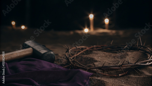 Calvary Passion - Crown of Thorns, Spikes, and Purple Robe on Arid Ground with Radiant Lights photo