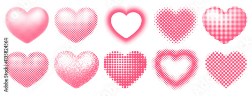 Set of different shaped hearts with halftone effect. Monochrome, pop art style dotted hearts, isolated on white background. Vector illustration photo