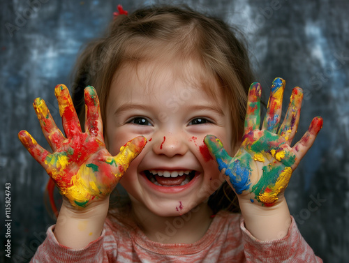 Smiling child with colorful paint-covered hands