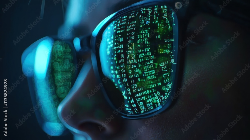 Close-Up View of a Person Wearing Sunglasses with Reflected Green Matrix Code Displaying in the Lenses, Symbolizing Digital Technology and Cybersecurity Concepts Close-Up View of a Person Wearing Sunglasses with Reflected Green Matrix Code Displaying in the Lenses, Symbolizing Digital Technology and Cybersecurity Concepts