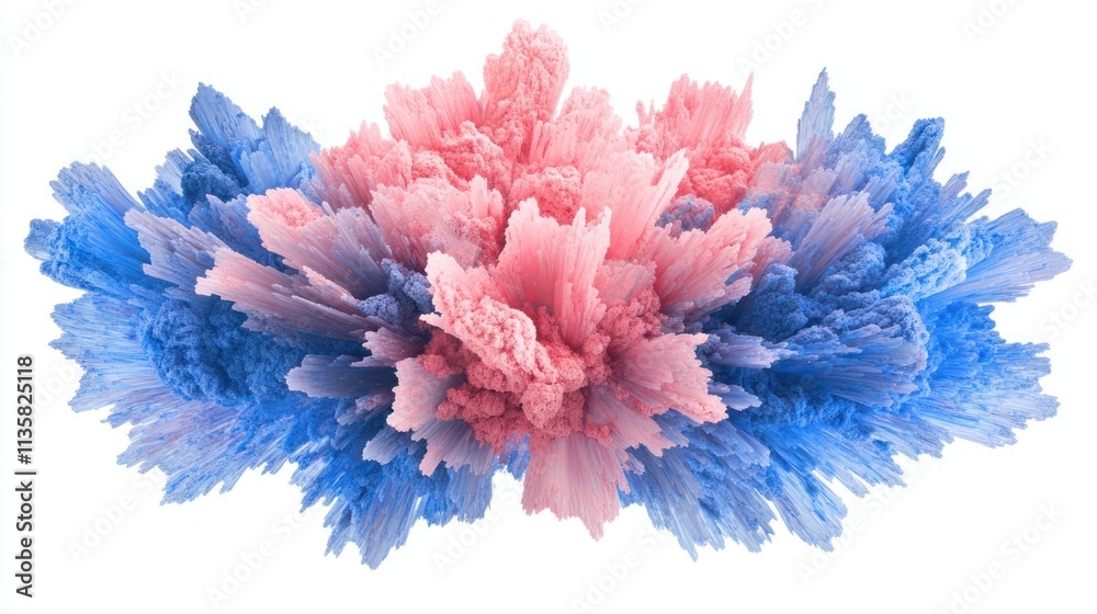 Obraz premium A dramatic abstract burst of powdery pigments in vivid pink and blue, radiating outward beautifully, isolated on white