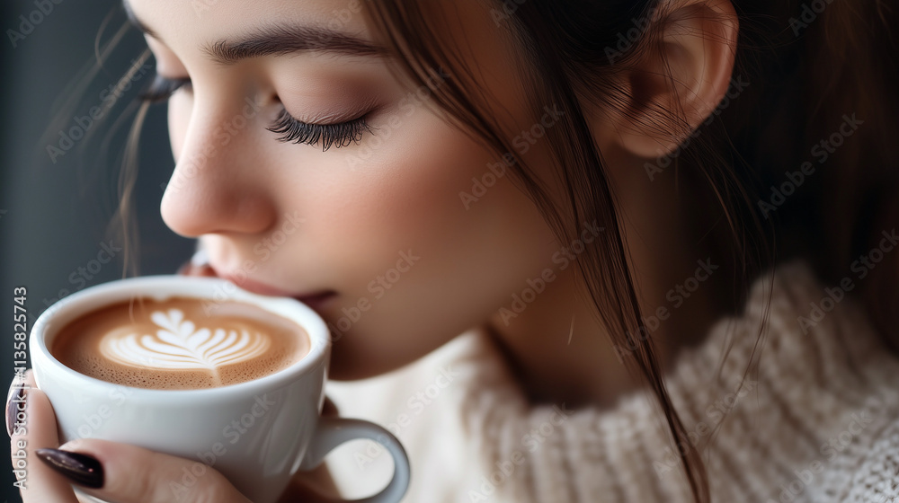 custom made wallpaper toronto digitalWoman enjoying coffee with latte art in cozy sweater