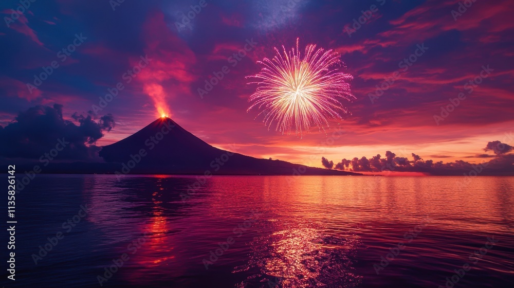 Volcanic Fireworks: A breathtaking spectacle of nature's raw power and vibrant artistry. Witness the fiery eruption of a volcano mirrored in the stunning burst of fireworks against a fiery sunset. Volcanic Fireworks: A breathtaking spectacle of nature's raw power and vibrant artistry. Witness the fiery eruption of a volcano mirrored in the stunning burst of fireworks against a fiery sunset.
