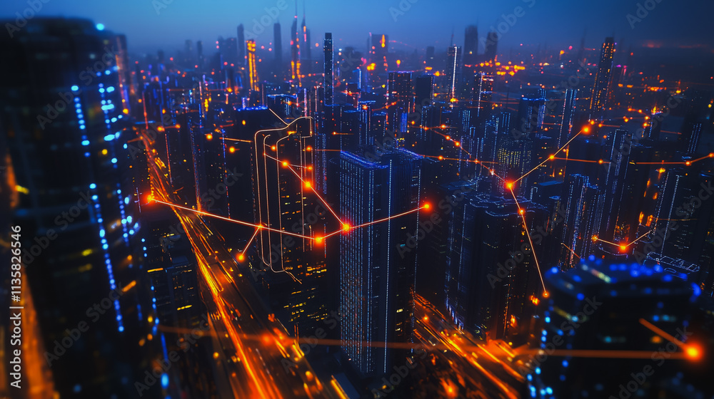 Obraz premium Smart digital Innovation city with connection network reciprocity over the cityscape. of future smart wireless digital city and social media networking systems that connects people with in city