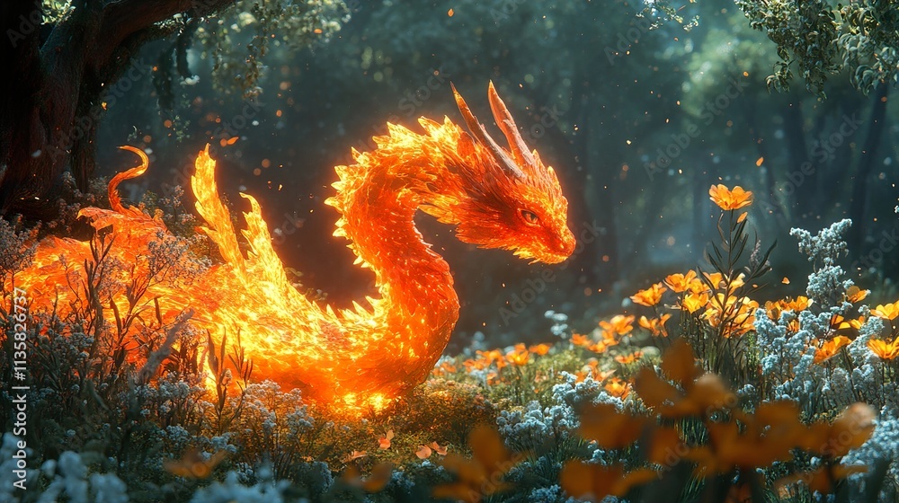 Fiery Dragon in Enchanted Forest: Fantasy Art Fiery Dragon in Enchanted Forest: Fantasy Art