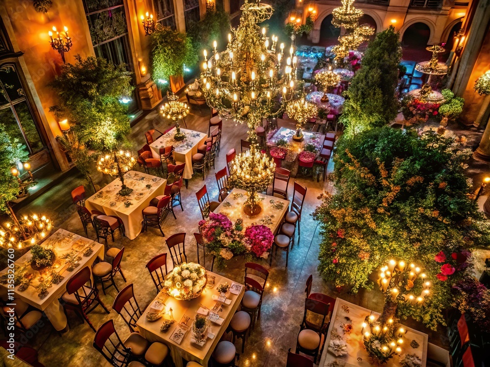 Bird's eye view of a playful formal event, bathed in soft, warm light, showcasing intricate details and glowing elements, rich jewel tones, and a sense of elegant chaos. Bird's eye view of a playful formal event, bathed in soft, warm light, showcasing intricate details and glowing elements, rich jewel tones, and a sense of elegant chaos.