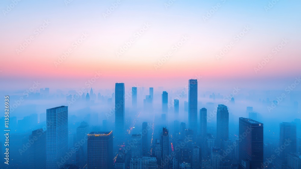 Serene Cityscape at Dawn with Mist and Soft Blue Sky Serene Cityscape at Dawn with Mist and Soft Blue Sky