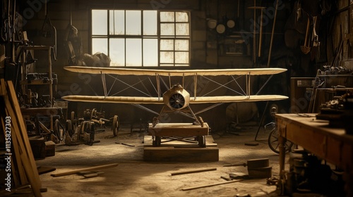 An empty scene featuring blank mockup template filled with a weathered black-and-white photo of the Wright brothers placed on a dusty workbench, surrounded by plane parts,  photo