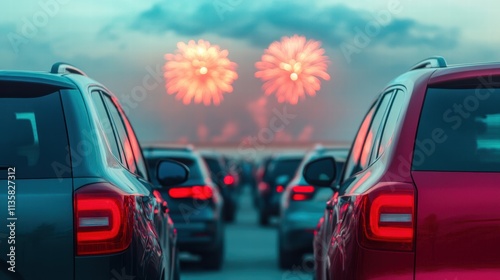 Rows of parked cars with tail lights glowing, as fireworks burst in the evening sky, creating a festive and celebratory scene.