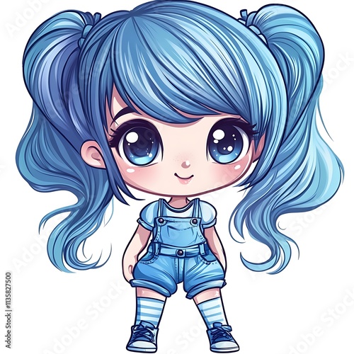 Cute chibi girl with blue hair and overalls.  Kawaii illustration. photo