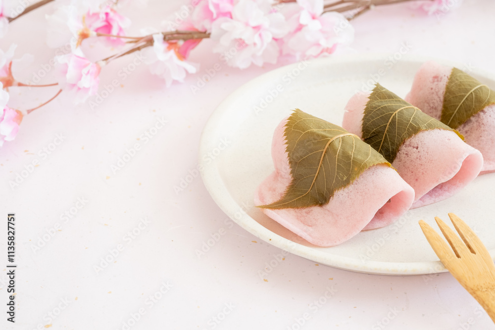 桜餅と桜のフリースペース