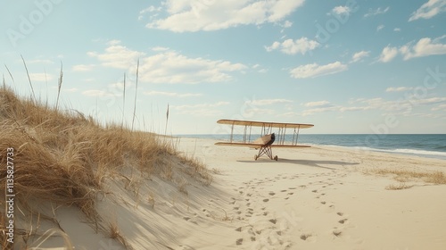 An empty scene featuring blank mockup template filled with a re-creation of Kitty Hawk dunes, with faint tracks in the sand and a replica of the Wright Flyer in the distance, 