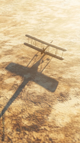 An empty scene featuring blank mockup template filled with the Wright Flyerâ€™s shadow projected onto an empty sandy field, subtly connecting the past and present, 