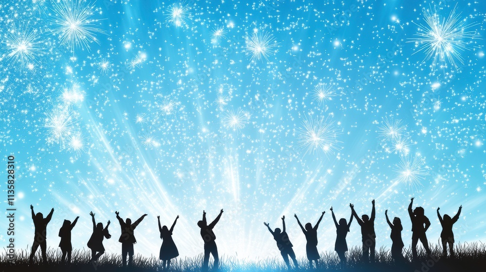Obraz premium Celestial Celebration: Silhouettes of joyous people against a vibrant firework display, celebrating life's triumphs under a breathtaking night sky. 