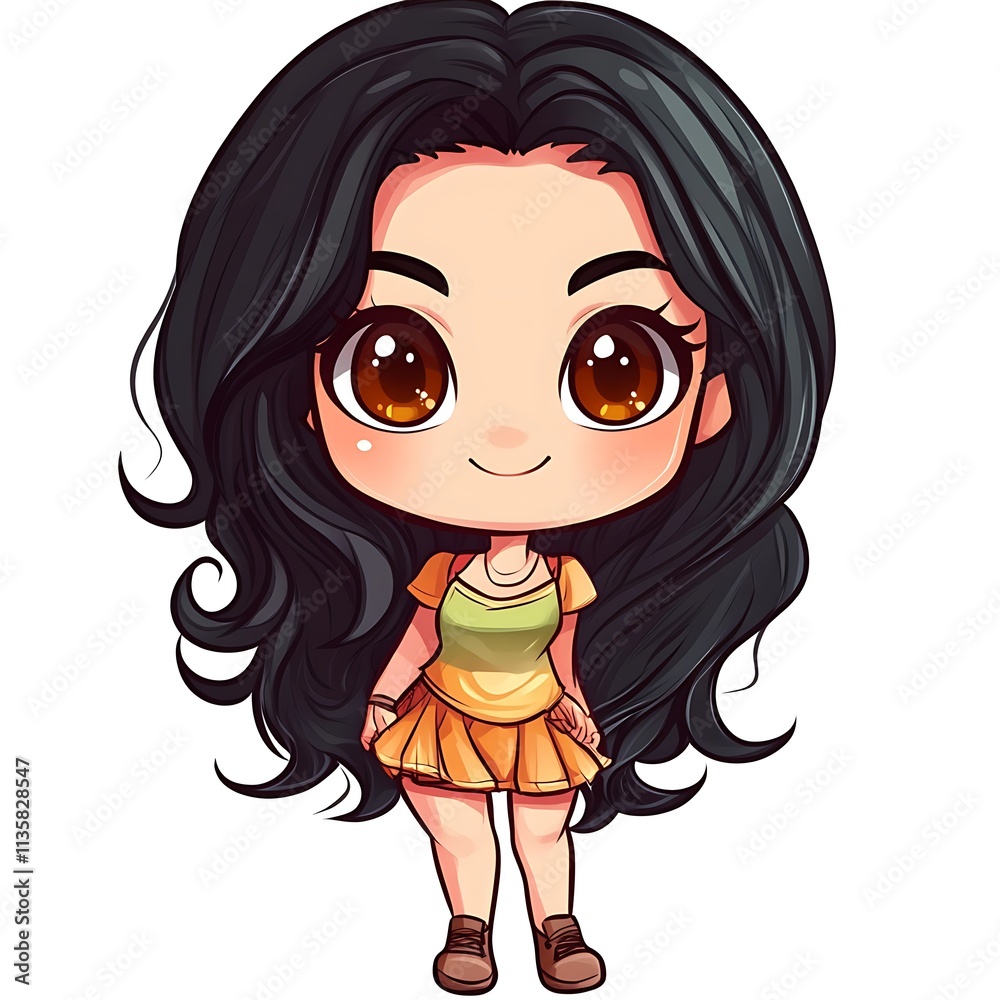 Cute chibi girl with long black hair. Kawaii anime character design. Cute chibi girl with long black hair. Kawaii anime character design.