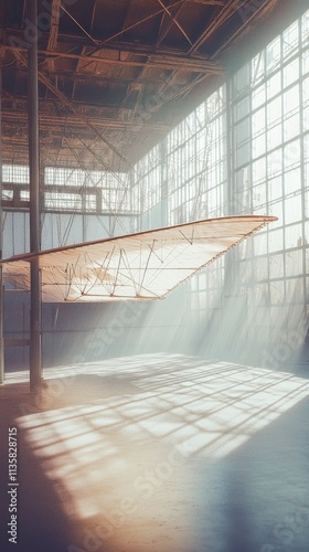 An empty scene featuring blank mockup template filled with a vertical view of the Wright Flyerâ€™s intricate wing structure, with light filtering through the canvas, 