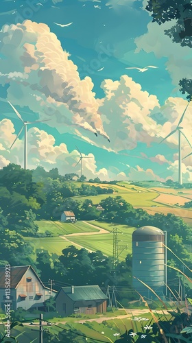 Serene Rural Landscape Windmills Farmhouses Green Fields Sunny Sky