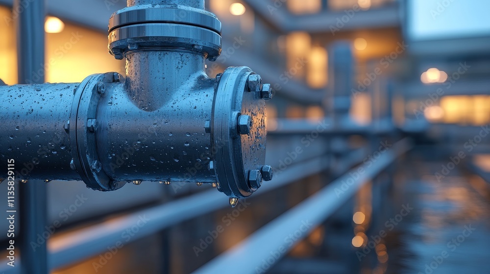 In modern architecture, large water pipe bolts leak, and up close, damaged pipes are visible, causing water flow to leak out. Industrial maintenance, repair, and pipeline concepts In modern architecture, large water pipe bolts leak, and up close, damaged pipes are visible, causing water flow to leak out. Industrial maintenance, repair, and pipeline concepts