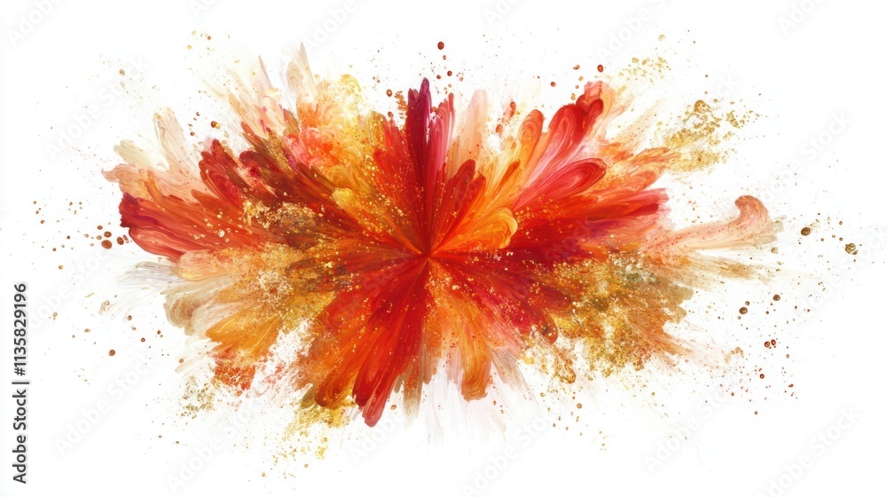 A fiery explosion of warm tones in red and gold, creating a dramatic color burst, isolated on white A fiery explosion of warm tones in red and gold, creating a dramatic color burst, isolated on white