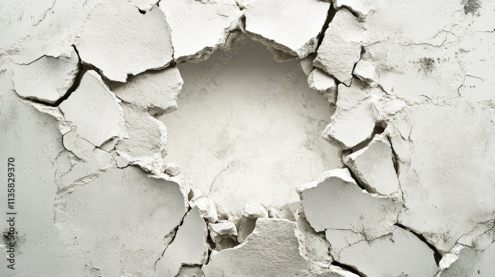 Cracked White Wall with Damage Showing an Empty Space in the Center, Highlighting the Contrast between Fragile Surface and Exposed Underlayer in a Minimalistic Style Cracked White Wall with Damage Showing an Empty Space in the Center, Highlighting the Contrast between Fragile Surface and Exposed Underlayer in a Minimalistic Style