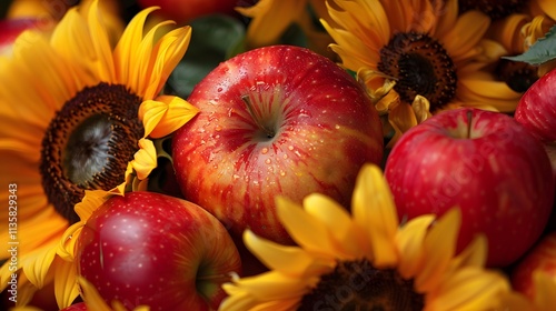 Autumn Harvest Red Apples Sunflowers Fall Still Life