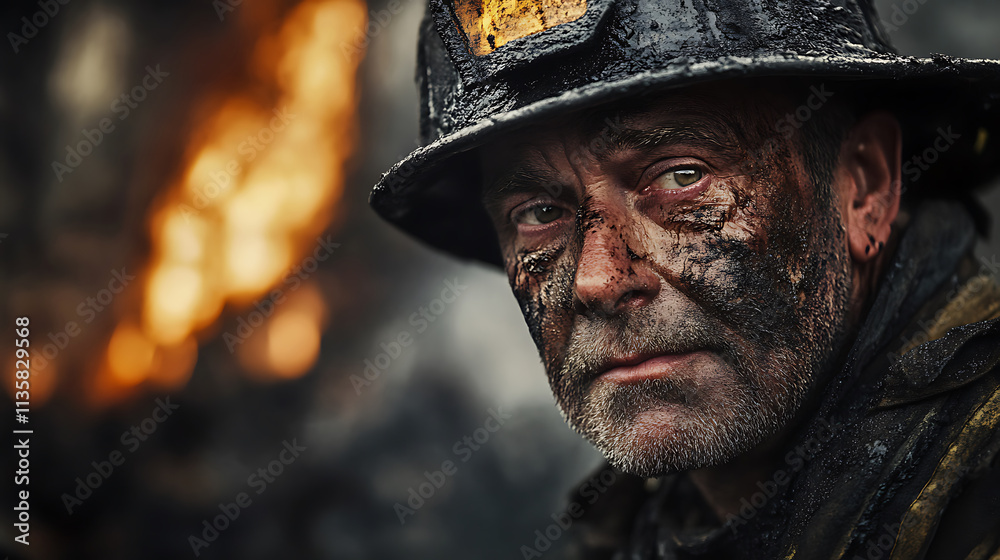 veteran firefighter with soot covered face, showing resilience and bravery veteran firefighter with soot covered face, showing resilience and bravery