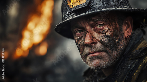 veteran firefighter with soot covered face, showing resilience and bravery