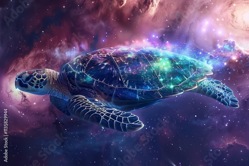 A cosmic turtle floats through a deep space nebula, its shell adorned with galaxies and stars A cosmic turtle floating in space, with galaxies and nebulas reflected on its shell photo