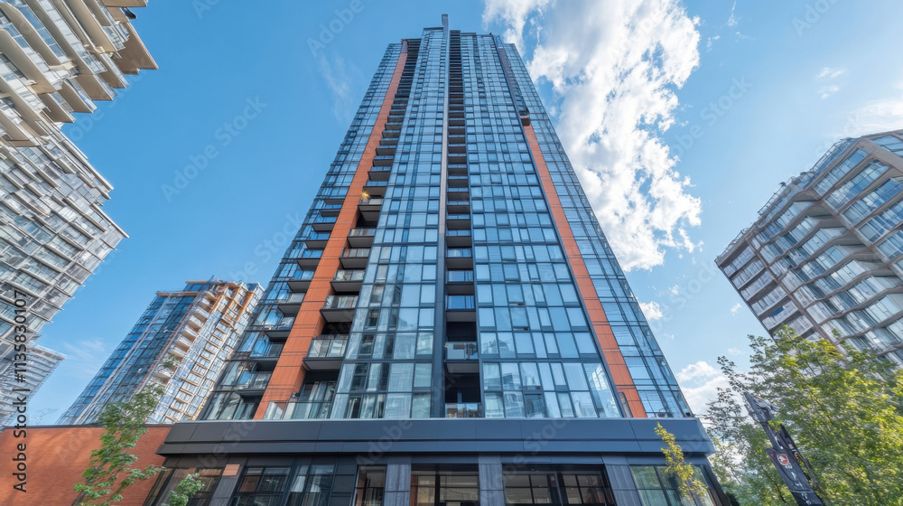 Naklejka premium High-rise office in the city center amidst business competition.