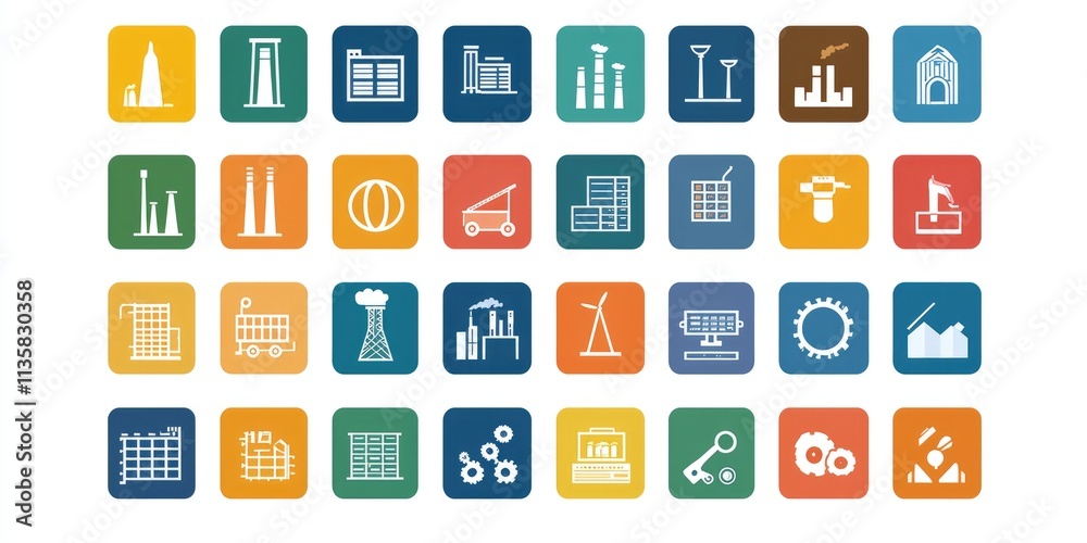 A simple general icon set representing various industries on a digital interface. A simple general icon set representing various industries on a digital interface.