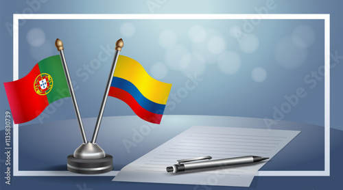 Portugal and Colombia National flags on small table with bokeh background, cooperative relationship