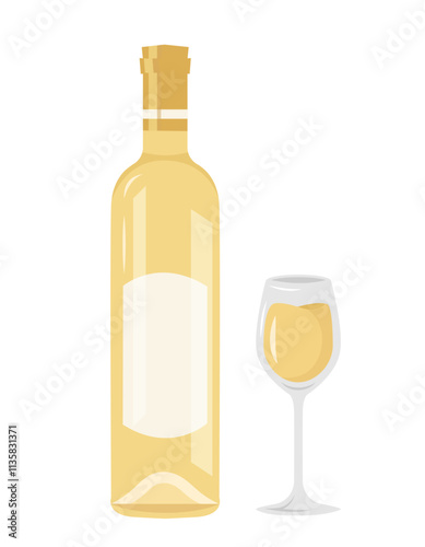 Bottle of wine with wineglass in flat style. Bottle of white wine, champagne, alcoholic drink. Glass of white wine. Good for banner, poster, advertising, pab, menu. Vector illustration in flat style