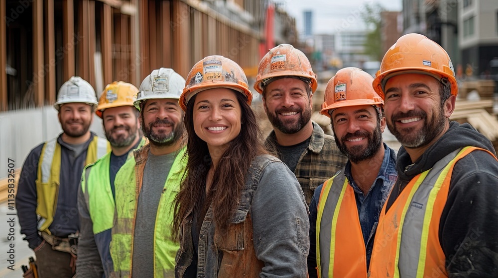Diverse group of construction workers with friendly conversation on professional construction site. Strong partnership and good relationships with their colleagues. Diversity and equality in workplace Diverse group of construction workers with friendly conversation on professional construction site. Strong partnership and good relationships with their colleagues. Diversity and equality in workplace