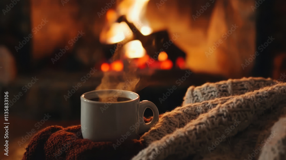 A steaming coffee cup with a fireplace in the background A steaming coffee cup with a fireplace in the background